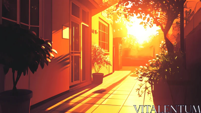 Sunlit tiled patio corridor with potted plants at dusk.