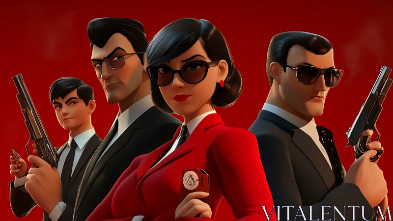 Stylized spy team stands armed against a flat red backdrop
