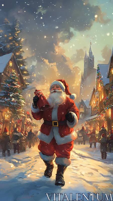 Santa strides through glowing snowlit Christmas village
