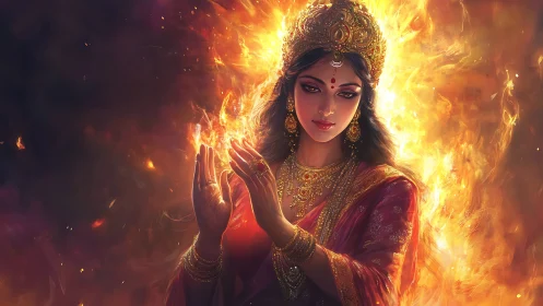 Divine fire goddess in radiant gold and crimson robes.