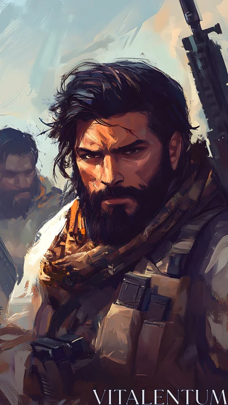 Bearded soldier in tactical gear with rifle in background.