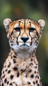 Cheetah is shown in frontal view against defocused background