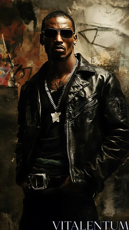 Midnight swagger king in a leather storm of streetlight shadow.