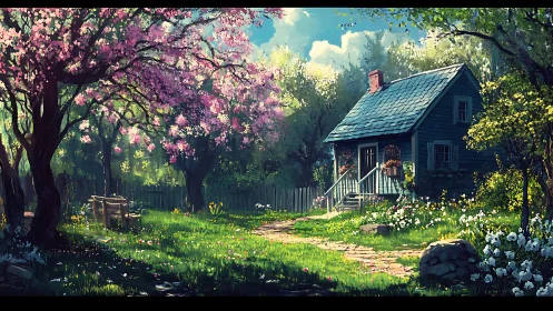Spring-lit cottage garden with flowering cherry trees and bench