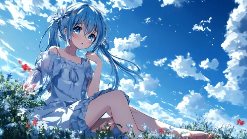 Blue haired anime girl sits in flower field under bright sky