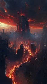 Vertical cityscape shows volcanic tower and molten river