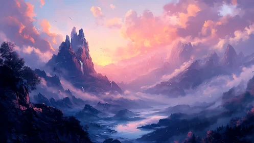 Sunrise mist rolls through luminous fantasy mountain valley