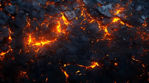 Molten lava cracks through darkened charred ash and cooling stone.