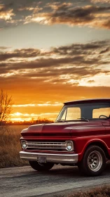 Red vintage pickup truck parked on rural road at sunset