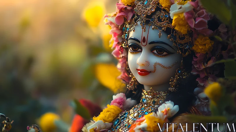 Floral-crowned deity sculpture glowing in amber garden light.