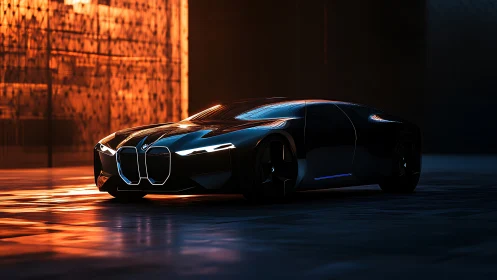 Sleek black concept car glowing in warm city twilight.