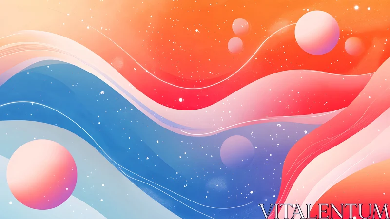 Colorful cosmic waves flow through pastel planetscape.