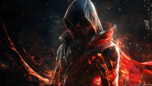 Hooded fireborn warrior emerging from burning shadows.