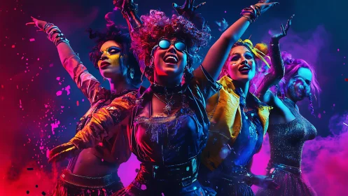 Neon riot of dancing queens in exploding festival color storm.