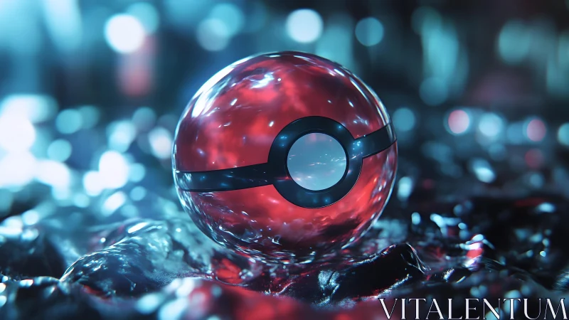 Hyper-realistic Poké Ball on Wet Surface with Neon Lighting.
