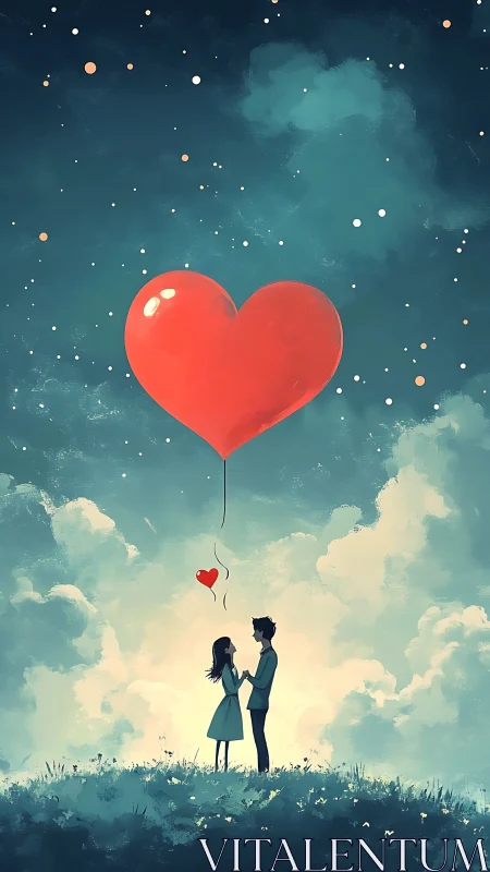 Couple Holding Red Heart Balloon Under Starry Sky