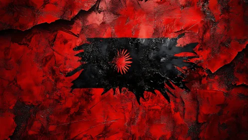 Crimson fractures cradle a black sunburst flag in eruption