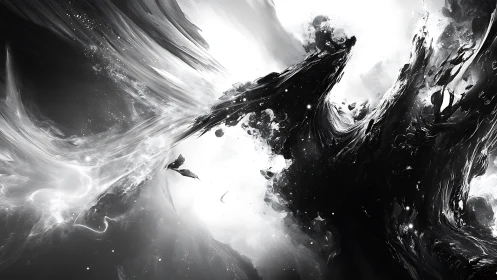 Monochrome abstract swirl of light and dark forms.