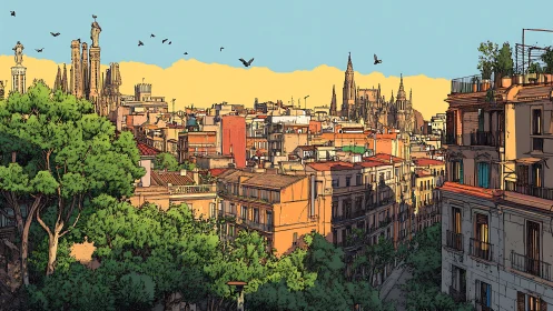 Sunlit Barcelona skyline rendered in bold comic lines.