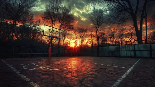 Outdoor basketball court is shown under low sunset light