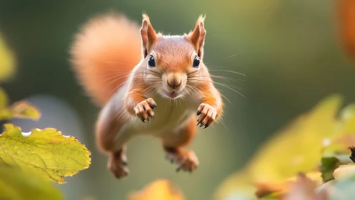 Red squirrel mid-air leap over foliage in soft focus scene.