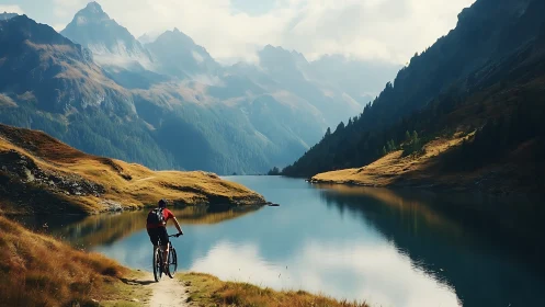 Mountain Cyclist Discovers Alpine Lake at Golden Hour