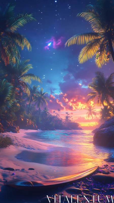 Neon Paradise: Tropical Sunset Reverie Under Stars.