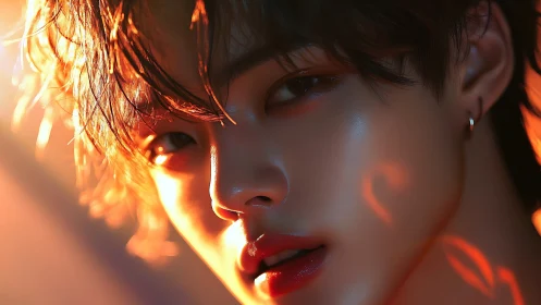 Close digital portrait in warm cinematic backlight.