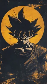 Stoic anime warrior framed by distressed golden halo