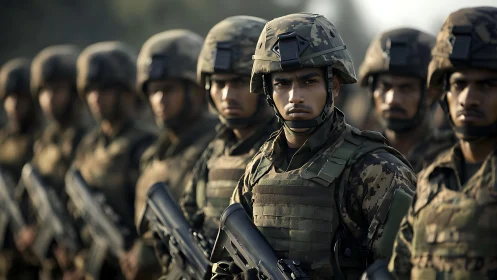 Soldiers standing in formation with modern combat gear.