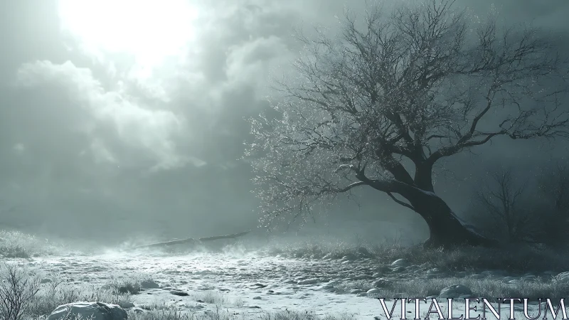 Bare winter tree stands in frosty field under bright overcast sky