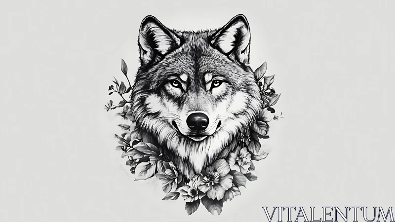 Wolf portrait merges with florals in monochrome elegance