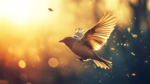 Small bird in flight at golden hour, with glowing sunlit wings.