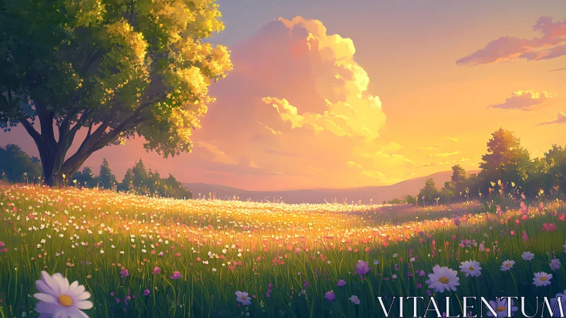 Golden sunset light washes over a tranquil flower meadow