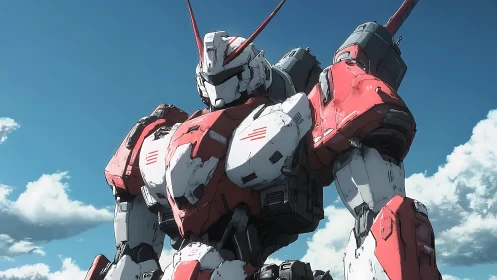 Red and white combat mecha dominates clear daytime sky.