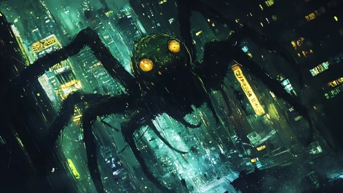 Cyberpunk mech-spider over neon-drenched dystopian skyline.
