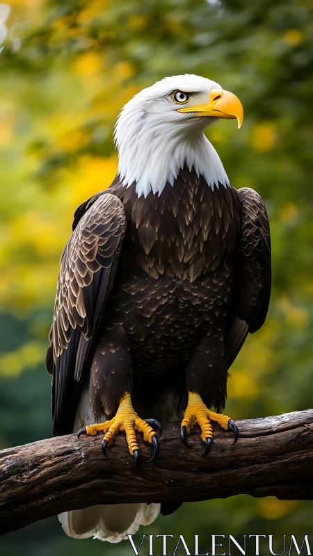 Bald eagle on branch against soft green yellow bokeh background.