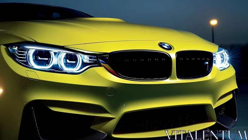 Vibrant yellow BMW front with LED headlights at night.