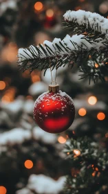 Red ornament hanging on snow covered evergreen branch outdoors.
