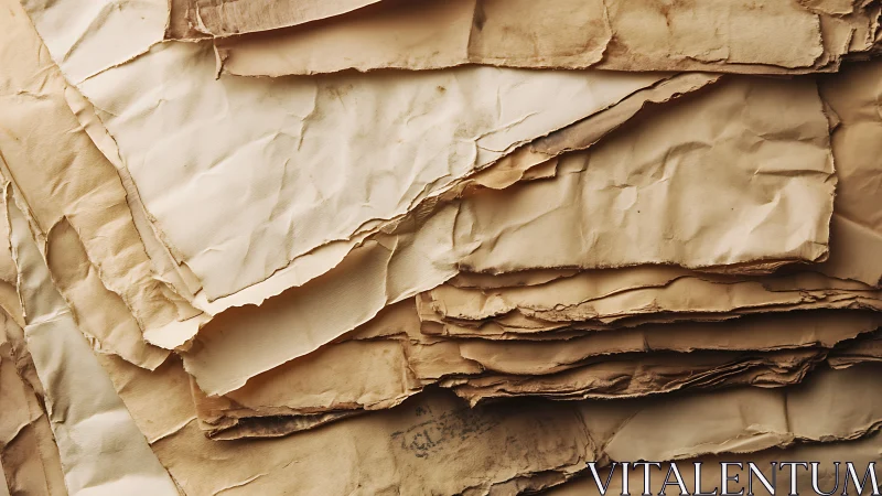 Stacked torn sheets of aged beige paper in close view.
