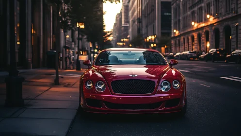 Red luxury coupe parked on city street at dusk.