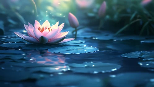 Digital painting of luminous lotus on tranquil night pond.