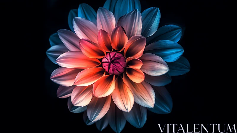 Luminous dahlia flower glowing against deep black backdrop