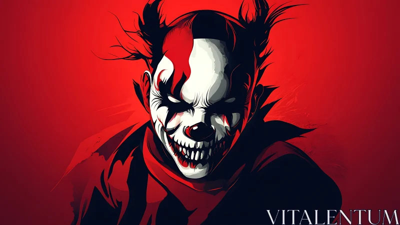 Crimson-limned demon jester grins through splintered shadows