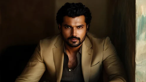 Photorealistic low key portrait of man in tan tailored blazer.