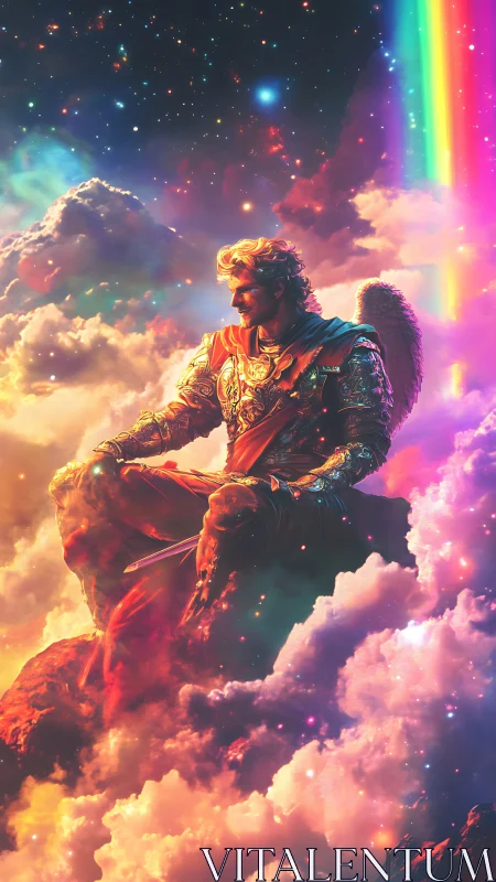 Winged armored figure seated on luminous cloud formation.