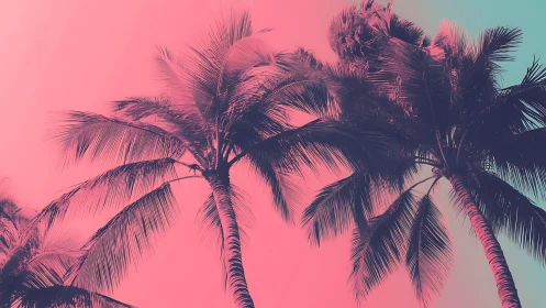 Chromatic gradient palm canopies under duotone spectral sky.