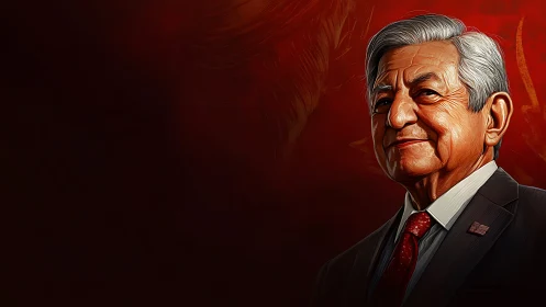 Elder statesman portrait glows against rich crimson backdrop