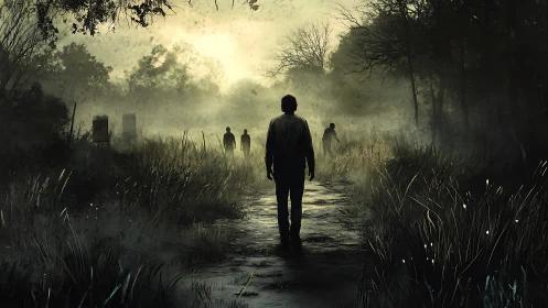 Backlit lone figure advances along misty path toward silhouettes