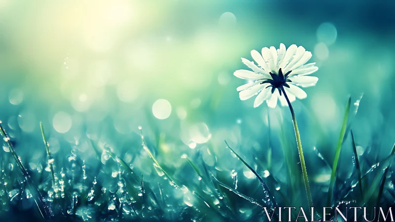 White Daisy with Dew Drops in Soft Focus Field.